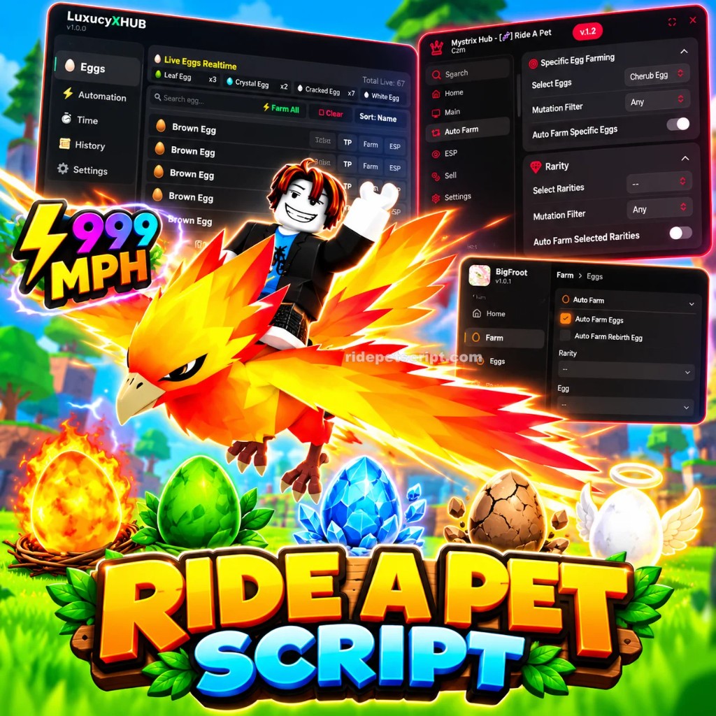 Ride A Pet Script artwork of a character riding a phoenix, with script hub panels and eggs